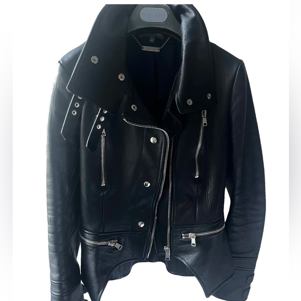 Alexander McQueen Black Leather Jacket with Silver Details